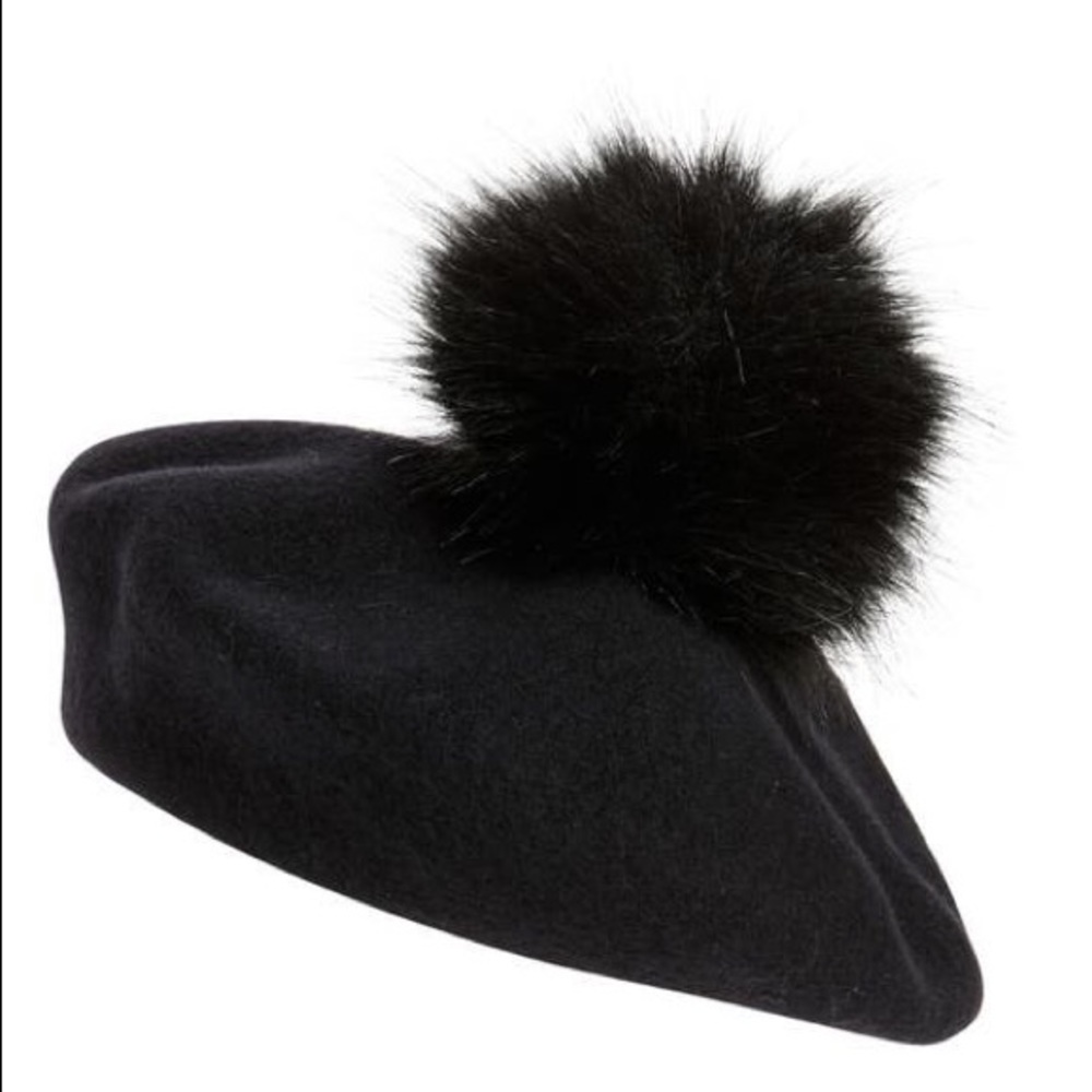 KYI KYI WOOL BERET WITH FAUX FUR POMPOM BLACK/BLACK OS NWOT